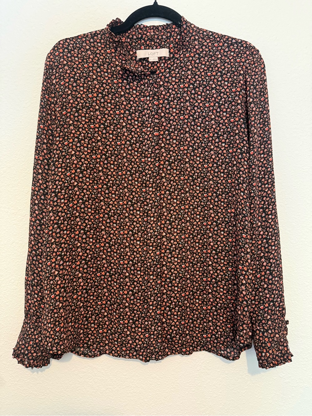 LOFT Black Pink Floral Ruffle-Neck Long Sleeve Blouse
